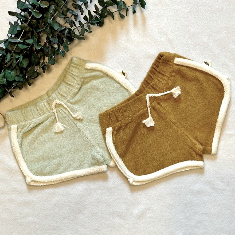 Kids Terry Shorts with Contrast Trim in Sage and Mustard